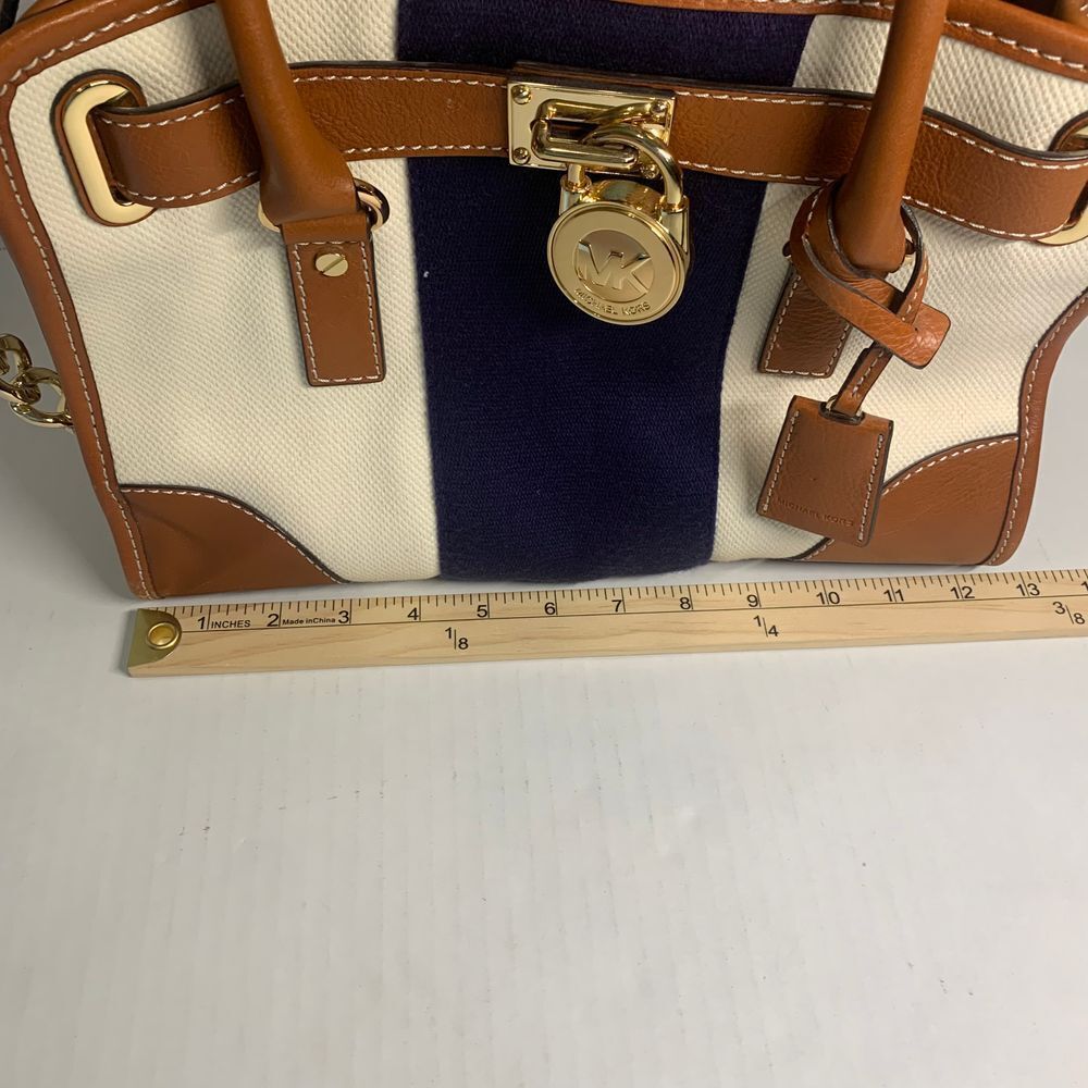 Michael Kors Hamilton Satchel Navy and Cream Stripe Canvas/Leather Shoulder Bag - Picture 9 of 16